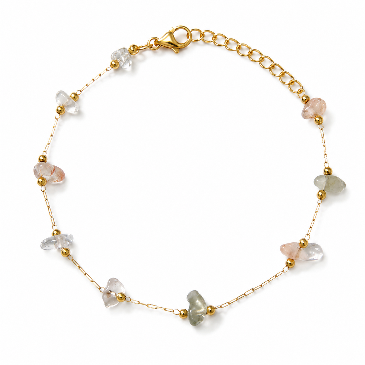 Gold Plated Natural Stone Chip Nugget Dual Strand Delicate Chain Bracelet with Lobster Clasp