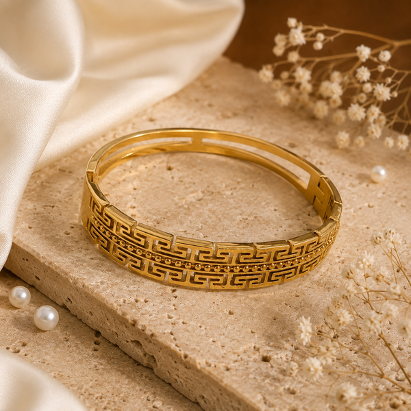 Kadas Gold-Tone Geometric Engraved Pattern Kada Bangle for Women - House of Viya