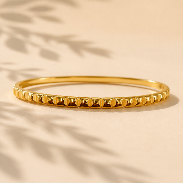 Gold Petal Leaf Textured Stud Oval Kada for Women | No Stone Embossed Floral Stainless Steel Ladies Bangle | Texture Festive Jewellery - House of Viya