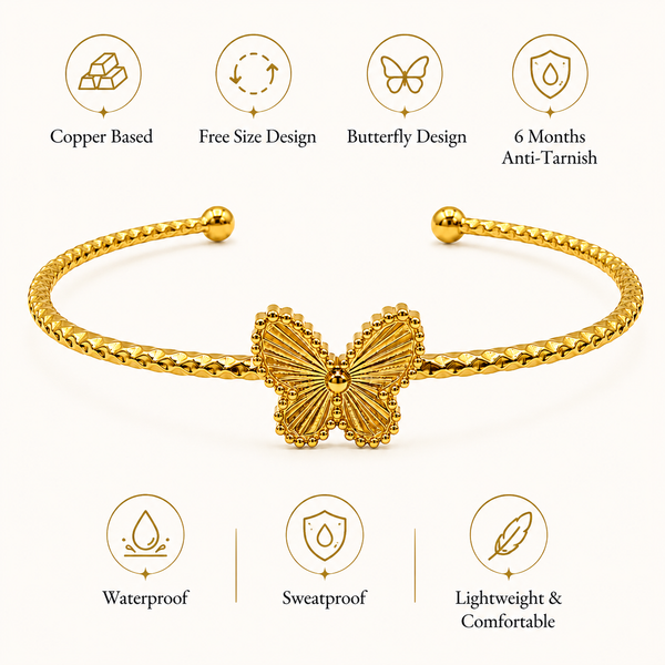 Gold Butterfly Fan Center Open Cuff Kada | Beaded Ball End Stainless Steel Ladies Bangle | Elegant Festive Wrist Jewellery - House of Viya