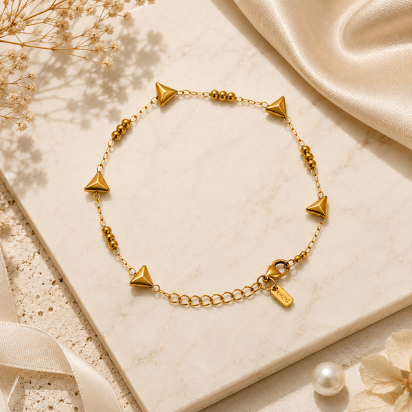 Gold Plated Pyramid Spike Bead Station Delicate Chain Bracelet with Lobster Clasp - House of Viya