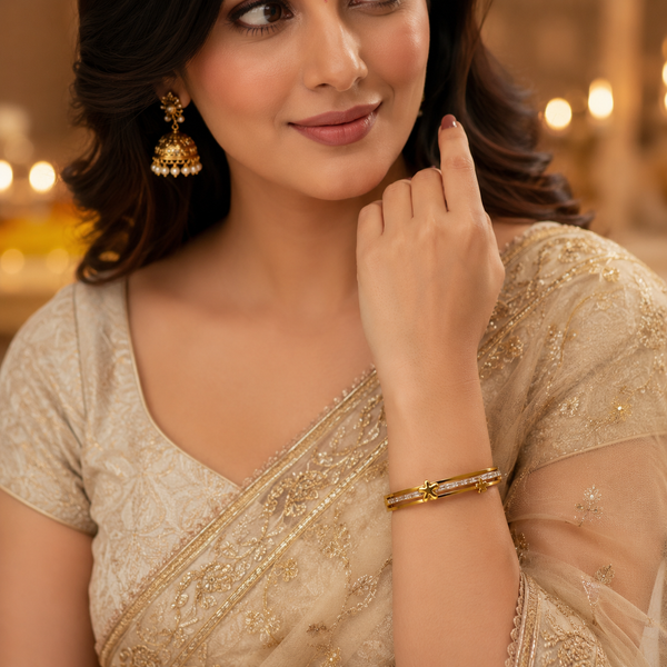 Gold Cushion Diamond Bezel Oval Kada for Women | Square Halo Stone Stainless Steel Ladies Bangle | Refined Festive Jewellery - House of Viya