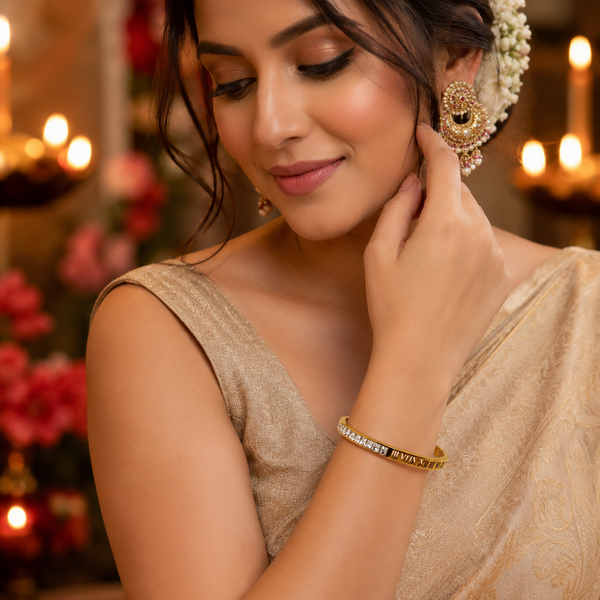 Gold Scattered Bezel Diamond Oval Kada for Women | Floating Stone Stainless Steel Ladies Bangle | Modern Festive Jewellery - House of Viya