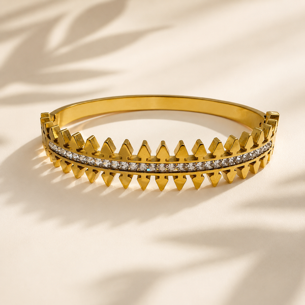 Gold Oval Bezel Diamond Station Oval Kada for Women | Ellipse Stone Stainless Steel Ladies Bangle | Sleek Festive Jewellery - House of Viya
