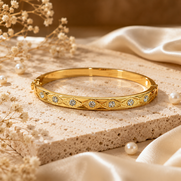 Kadas Gold-Tone Stone-Studded Engraved Pattern Slim Kada for Women - House of Viya