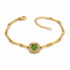 Gold Plated Bamboo Bar Link Bracelet with Rhombus Green Stone Halo Centrepiece and Lobster Clasp