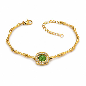 Gold Plated Bamboo Bar Link Bracelet with Rhombus Green Stone Halo Centrepiece and Lobster Clasp