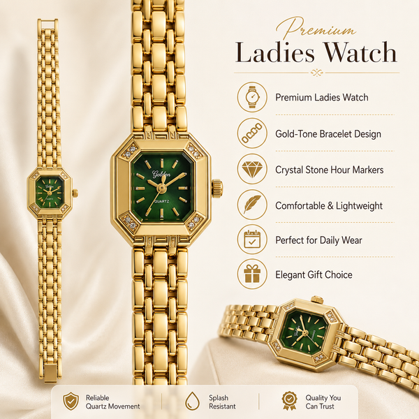 Watches Gold-Tone Square Green Dial Panther Bracelet Watch for Women - House of Viya