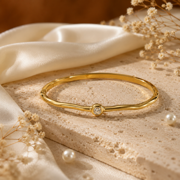 Kadas Gold-Tone Polished Finish Single Stone-Accented Slim Kada for Women - House of Viya