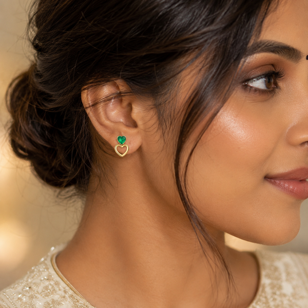 Earrings Gold Triangle, Emerald Heart & Zircon Kite Stud Earrings Set of 3 Pairs