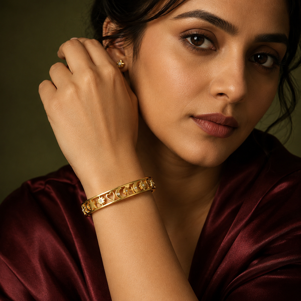 Kadas Gold-Tone Engraved Geometric Pattern Broad Kada for Women - House of Viya