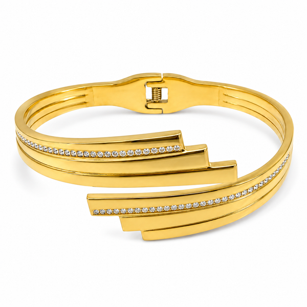 Gold Scallop Edge Diamond Oval Kada for Women | Wave Border Stone Stainless Steel Ladies Bangle | Fancy Design Jewellery - House of Viya