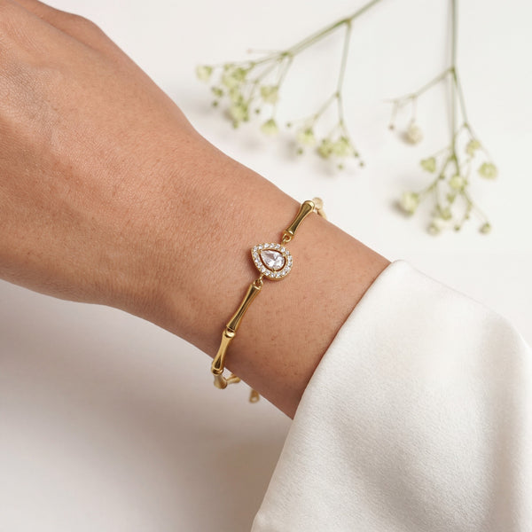Gold Plated Bamboo Bar Link Bracelet with Side Oval White Stone Halo Accent and Lobster Clasp - House of Viya