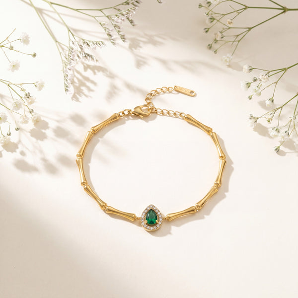 Gold Plated Bamboo Bar Link Bracelet with Side Oval Green Stone Halo Accent and Lobster Clasp