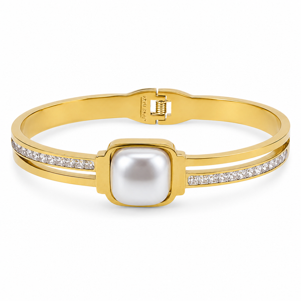 Gold Princess Panel Diamond Oval Kada for Women | Square Stone Panel Stainless Steel Ladies Bangle | Bold Design Jewellery - House of Viya