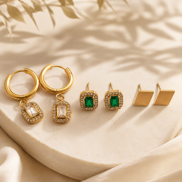 Earrings Rectangle Halo Drop Hoop, Emerald Rectangle Halo & Gold Triangle Stud Earrings Set of 3 Pairs