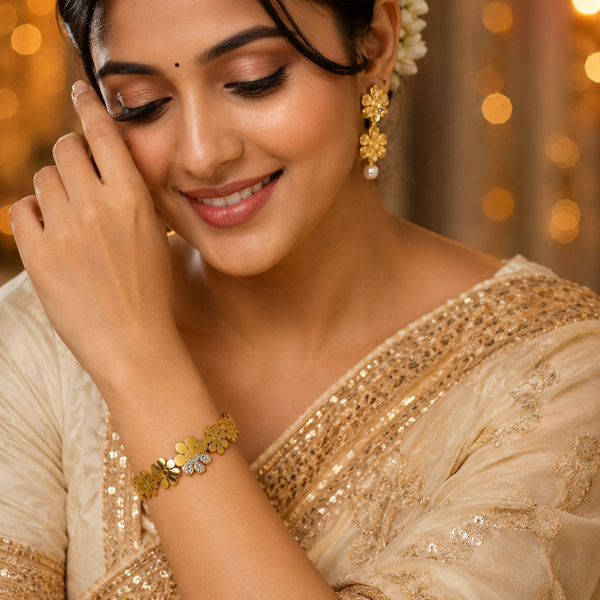 Gold Leaf Engraved Diamond Oval Kada for Women | Botanical Motif Stone Stainless Steel Ladies Bangle | Nature Festive Jewellery - House of Viya