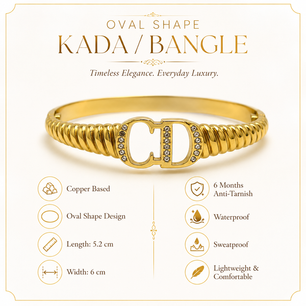 Gold CD Logo Initials Ribbed Twisted Band Oval Kada for Women | Monogram Designer Stainless Steel Ladies Bangle | Luxury Brand Festive Jewellery - House of Viya