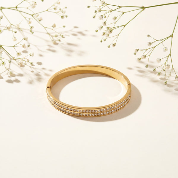 Dual Pave CZ Row Eternity Baby Kada Bangle | Gold Plated Slim Stackable Bracelet for Women - House of Viya