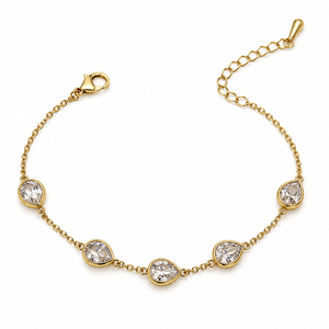 Gold Plated White Teardrop Stone Bezel Station Chain Bracelet with Lobster Clasp