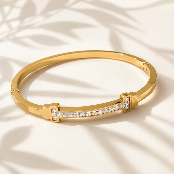 Gold Oval Bezel Diamond Accent Kada for Women | Ellipse Stone Stainless Steel Ladies Bangle | Sleek Festive Jewellery - House of Viya