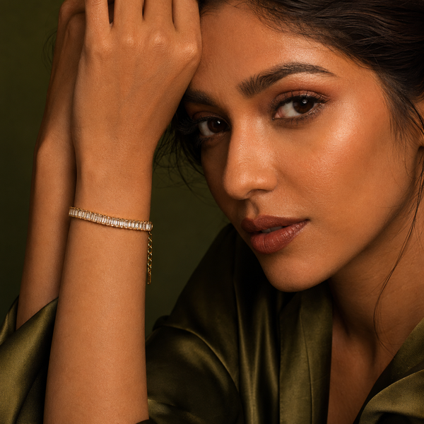 Gold Plated Rectangular Baguette White Stone Continuous Tennis Bracelet with Lobster Clasp - House of Viya