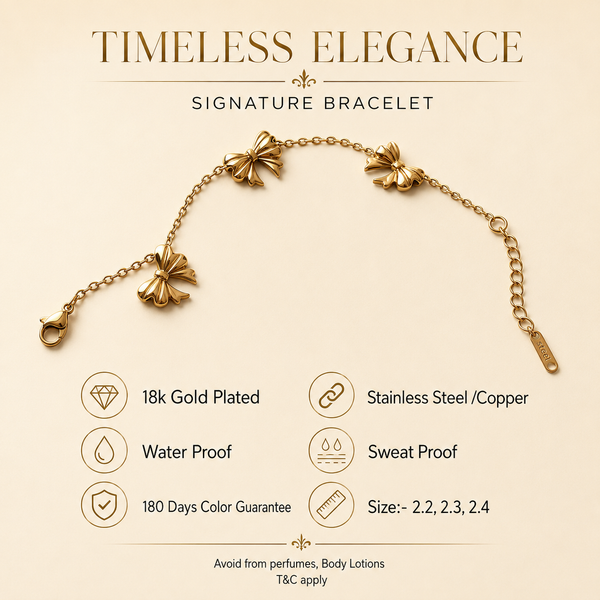 Gold Plated Bow Ribbon Charm Station Delicate Chain Bracelet with Lobster Clasp