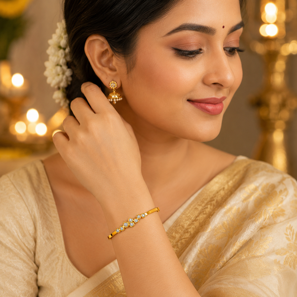 Gold Checkered Diamond Pattern Oval Kada for Women | Grid Stone Stainless Steel Ladies Bangle | Structured Festive Jewellery - House of Viya