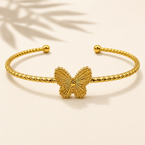 Gold Butterfly Fan Center Open Cuff Kada | Beaded Ball End Stainless Steel Ladies Bangle | Elegant Festive Wrist Jewellery - House of Viya