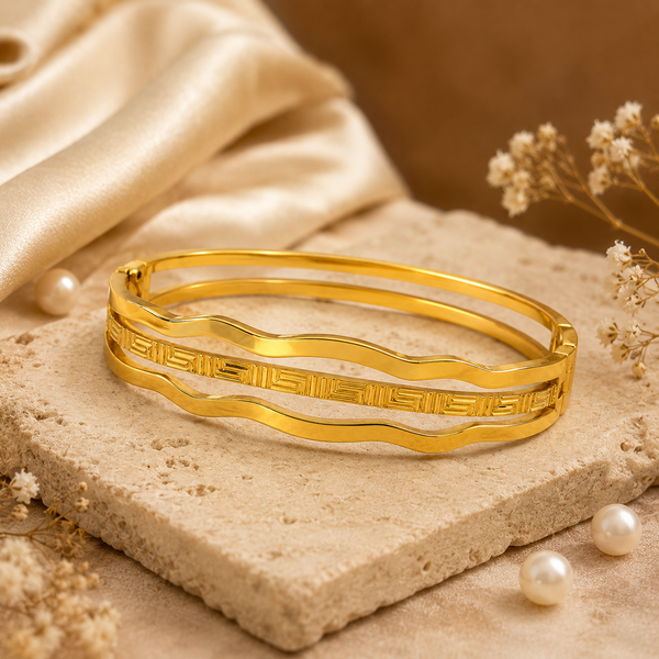 Kadas Gold-Tone Triple-Layer Wavy Engraved Kada Bangle for Women - House of Viya