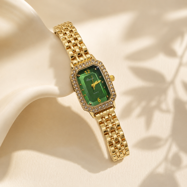 Watches Gold-Tone Rectangular Green Dial Crystal Studded Chain Bracelet Watch for Women - House of Viya