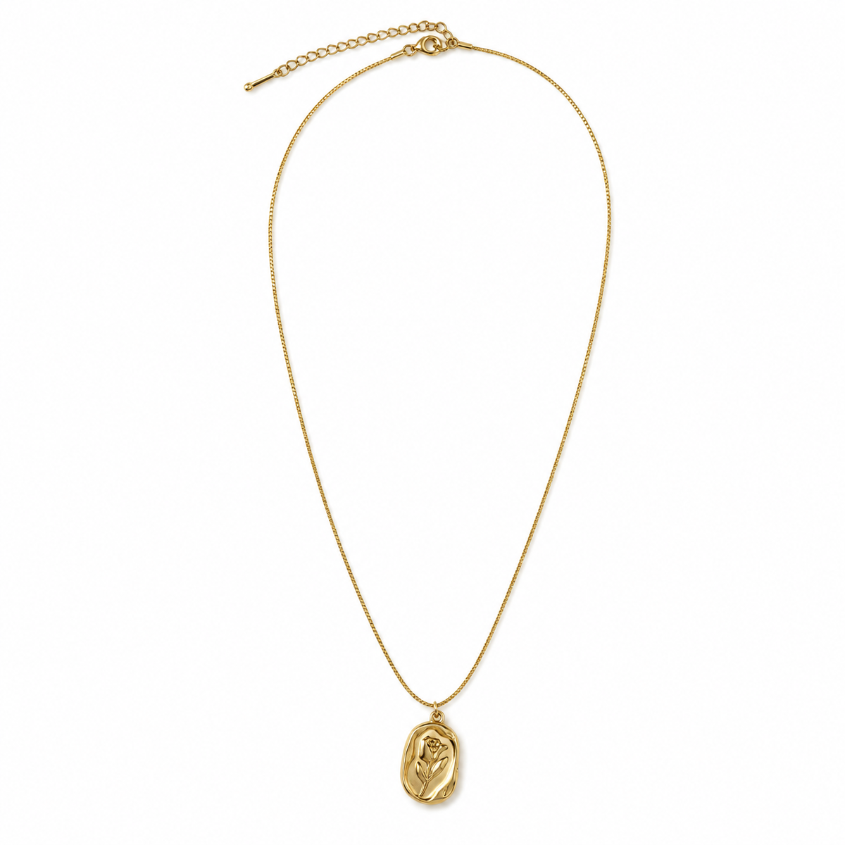 Chain 18K Gold-Plated Slim Chain with Floral Relief Oval Medallion