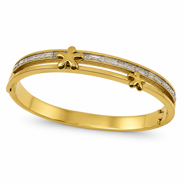 Gold Cushion Diamond Bezel Oval Kada for Women | Square Halo Stone Stainless Steel Ladies Bangle | Refined Festive Jewellery - House of Viya