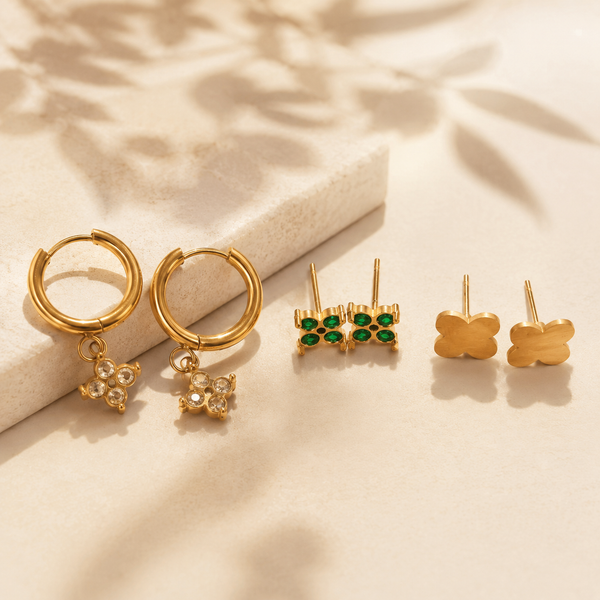 Earrings Pave Drop Hoop, Emerald Cluster Square & Gold Clover Charm Stud Earrings Set of 3 Pairs