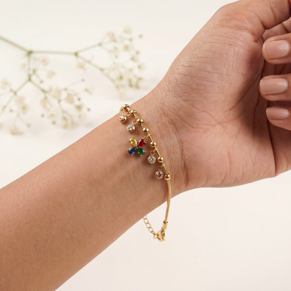 Gold Plated Snake Chain Bracelet with Multi Colour Stone Charm Cluster and Lobster Clasp - House of Viya