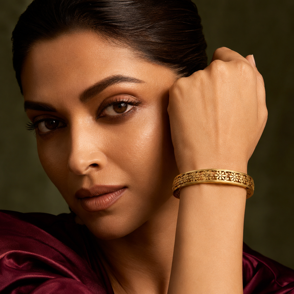Kadas Gold-Tone Floral Engraved Wide Band Kada Bangle for Women - House of Viya