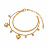 Gold Plated Double Strand Layered Chain Bracelet with Dangling Heart Charms and Bead Drops