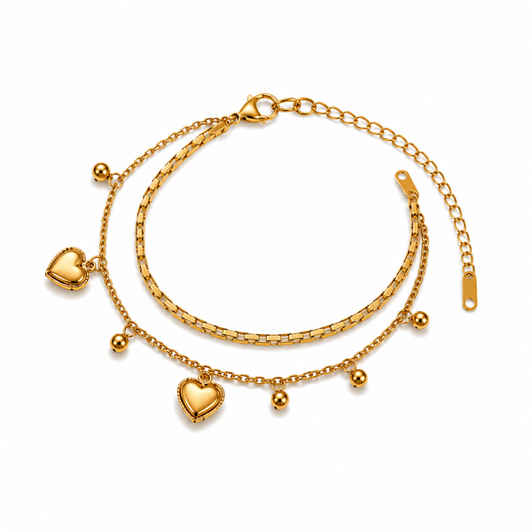 Gold Plated Double Strand Layered Chain Bracelet with Dangling Heart Charms and Bead Drops - House of Viya