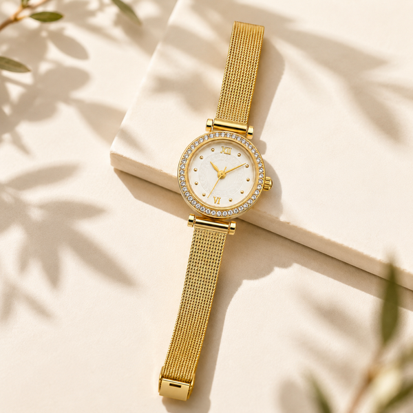 Watches Gold-Tone Round Dial Crystal Studded Bezel Mesh Bracelet Watch for Women