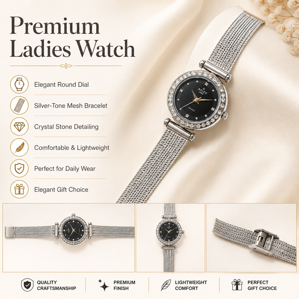 Watches Silver-Tone Round Black Dial Crystal Studded Bezel Bracelet Watch for Women