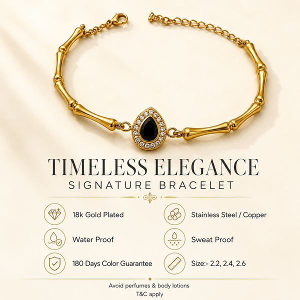 Gold Plated Bamboo Bar Link Bracelet with Oval Black Stone Halo Centrepiece and Lobster Clasp - House of Viya