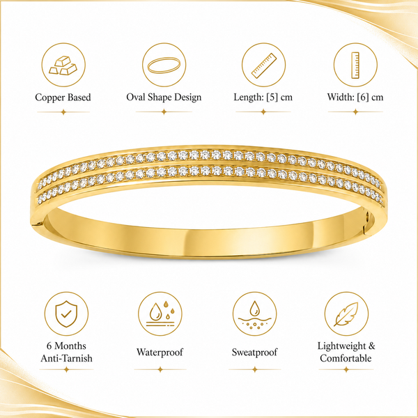 Gold Crescent Diamond Oval Kada for Women | Curved Arc Stone Stainless Steel Ladies Bangle | Celestial Design Jewellery - House of Viya