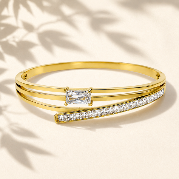 Gold Leaf Motif Diamond Oval Kada for Women | Botanical Stone Stainless Steel Ladies Bangle | Nature Inspired Jewellery - House of Viya