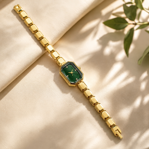 Watches Gold-Tone Rectangular Green Dial Brick Link Bracelet Watch for Women