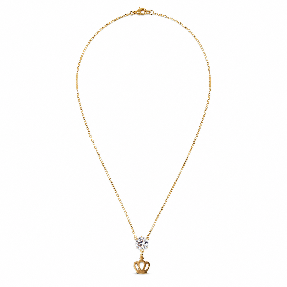 Chain 18K Gold-Plated Fine Chain with Crown Charm and Clear Round Stone