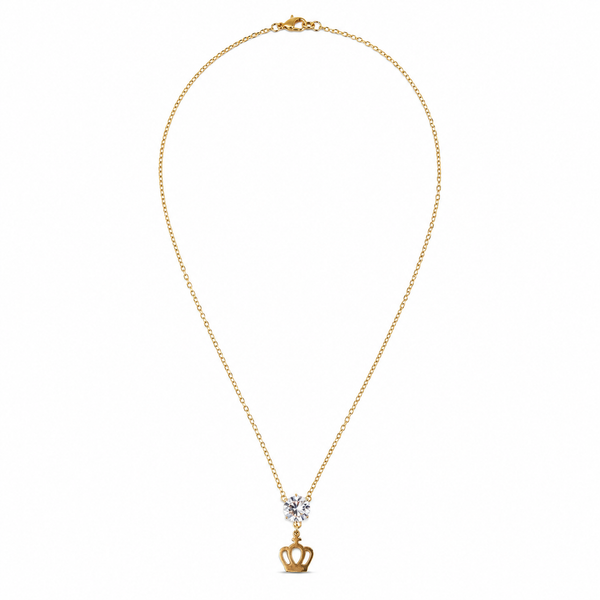 Chain 18K Gold-Plated Fine Chain with Crown Charm and Clear Round Stone - House of Viya