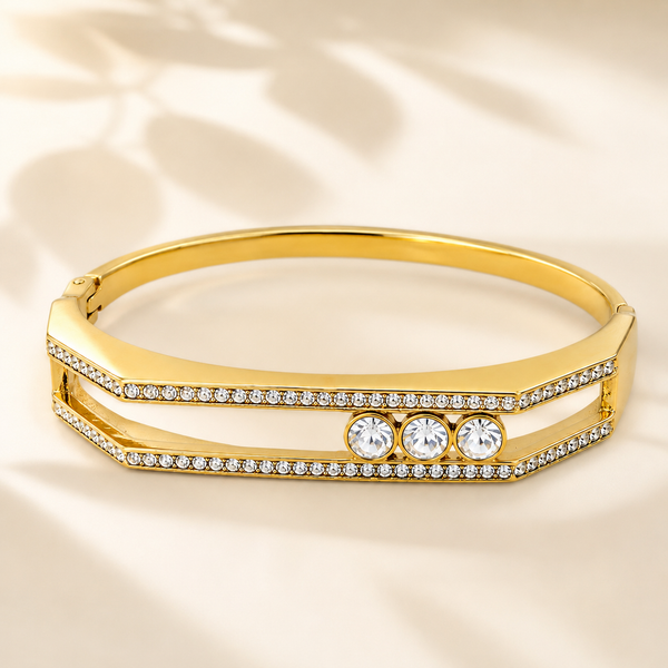 Gold Bright High Polish Diamond Oval Kada for Women | Mirror Finish Stone Stainless Steel Ladies Bangle | Glossy Festive Jewellery - House of Viya