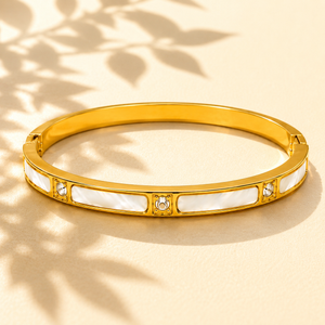 Gold Mother of Pearl White Panel Inlay Oval Kada for Women | Diamond Solitaire Enamel Stainless Steel Ladies Bangle | Bicolor Luxury Jewellery