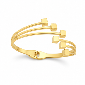 Kadas Gold-Tone Openable Triple-Line Kada with Geometric Square Motif Accents - Polished Finish Modern Cuff Bracelet