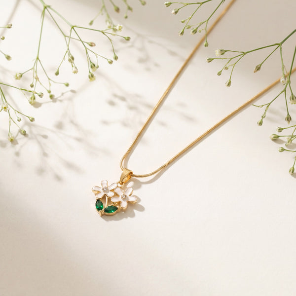 Gold Green Leaf Enamel Flower Pendant Chain Anti-Tarnish Necklace